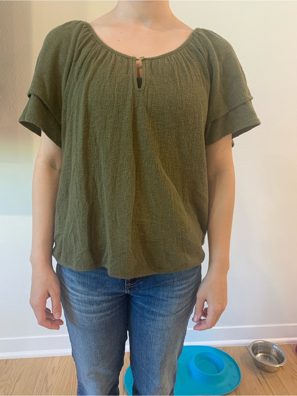 Madewell Olive Green Short Flutter Sleeve Peasant Top